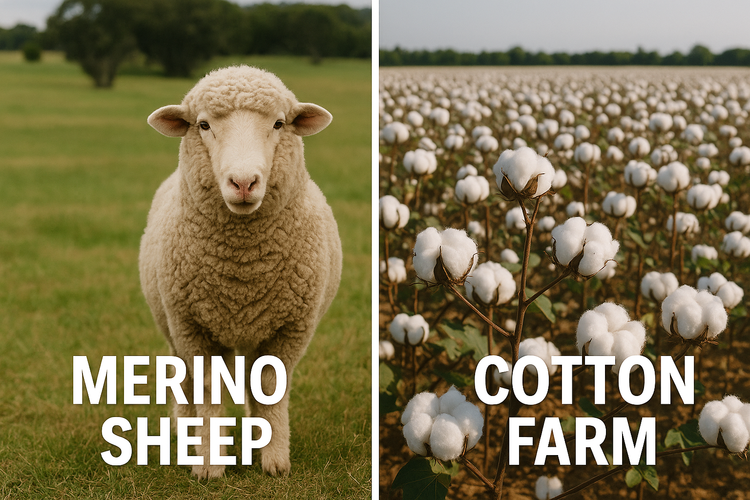 A merino sheep in a field contrasted with a cotton farm